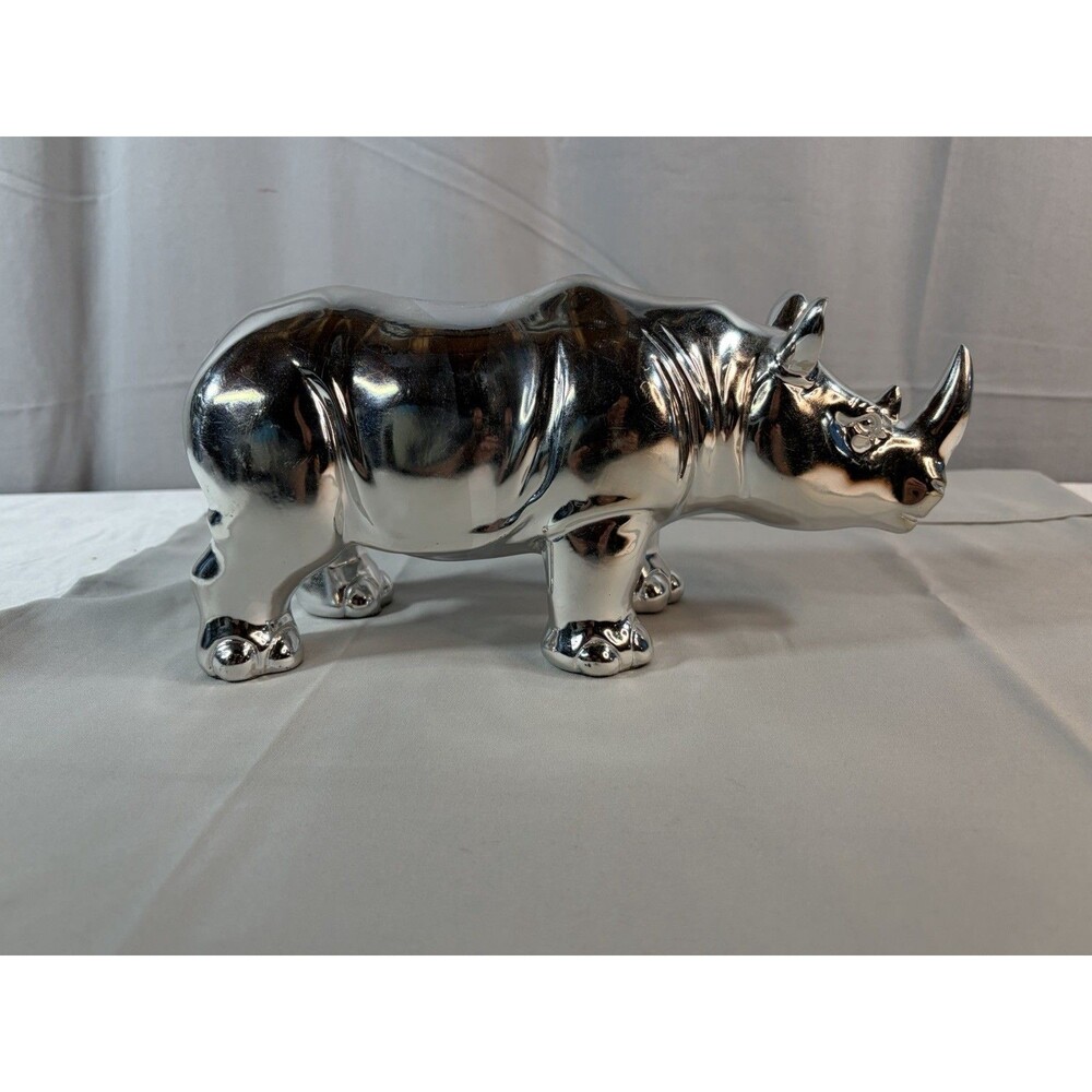 Nate Berkus Rhinoceros Rhino Figurine Statue Resin Shiney Silver 11"x5" VTG